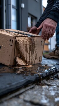 Empf&auml;nger pr&uuml;ft ein durchn&auml;sstes und besch&auml;digtes Paket