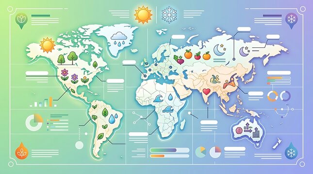 Global infographic world map with environmental and data icons