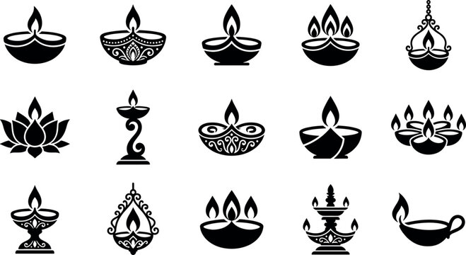 Diwali diya vector icon set featuring flat black silhouette oil lamps with traditional ornate patterns and flame details for deepavali design
