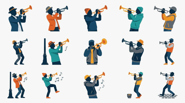 Group of musicians playing brass instruments energetically.