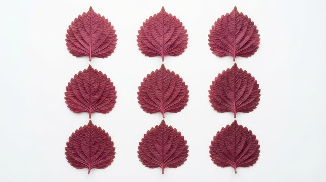 A grid of nine purple perilla leaves arranged symmetrically isolated on white background