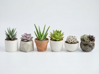 Fototapeta premium Collection of various succulent plants in different pots isolated on white background