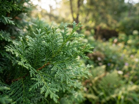 Closeup of vibrant green cedar or thuja foliage in a sunlit garden setting