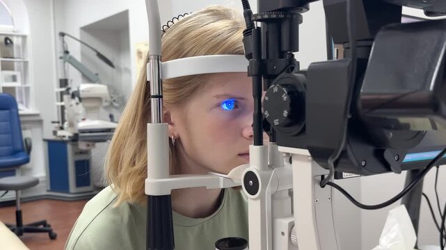 Young girl examining eyes at optometrist office, modern medical clinic, vision check, pediatric ophthalmology.
