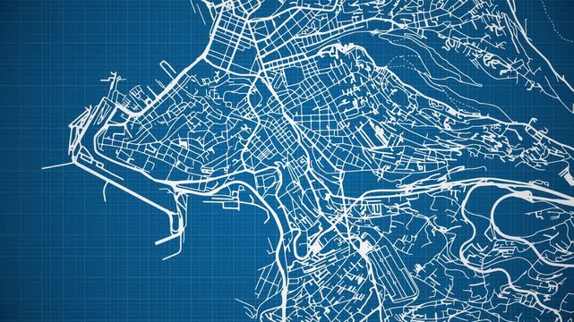 Ink reveal animation of Trieste city, Friuli-Venezia Giulia, Italy, grid map. Aerial top view. Blueprint style. White lines with blue background. 4K Seamless loop.