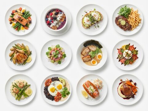 Collection of various gourmet dishes isolated on white background