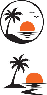 Palm Tree Sunset Logo with Tropical Island and Circle Badge Design