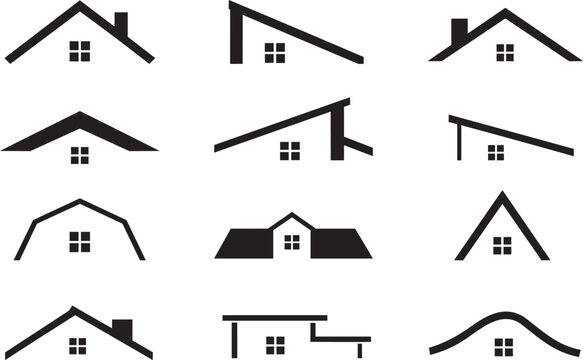 House Roof Icon Set with Real Estate, Property and Home Silhouette Symbols
