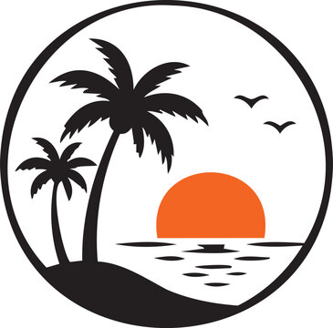 Tropical Beach Logo with Palm Tree, Sunset and Ocean Circle Badge