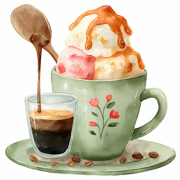 Collection for different of Iced Coffee and Vanilla Ice Cream (Affogato) Description: A shot of espresso poured over vanilla ice cream creates a delicious affogato, blending hot and cold sensations.