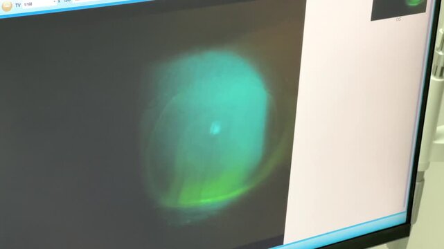 Green eye fluorescein stain test on monitor, orthokeratology lens fitting, corneal topography, eye care.