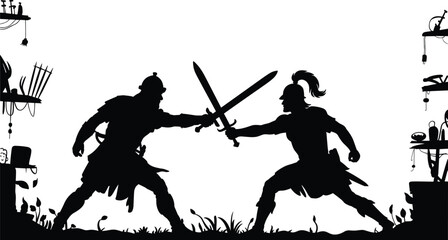 Obraz premium Epic sword fight silhouette of two ancient warriors in dramatic duel, medieval battle scene, combat action, mythology illustration, strength and rivalry concept