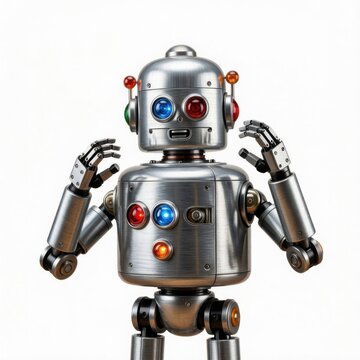 Futuristic robot assistant standing ready for service. High-tech humanoid AI with glowing interface for smart automation solutions.