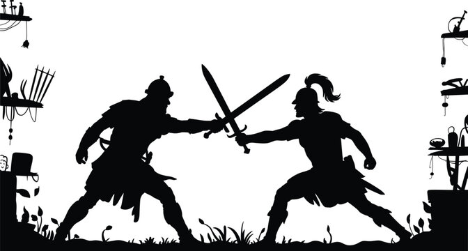 Epic sword fight silhouette of two ancient warriors in dramatic duel, medieval battle scene, combat action, mythology illustration, strength and rivalry concept