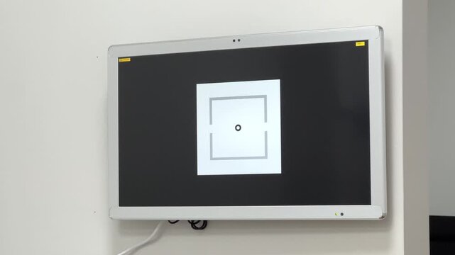 Automated refractometer screen displaying eye test target in modern ophthalmology clinic, medical diagnostic equipment, vision check.