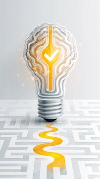 A glowing light bulb with a maze and a yellow path leading to a checkmark inside, symbolizing problem-solving and innovation.