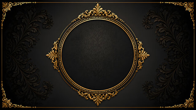 Ornate gold circular frame on black floral background, isolated on a, transparent background