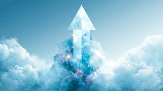 A glowing arrow made of translucent geometric shapes ascends through clouds into a bright sky, symbolizing growth, progress, and upward movement.
