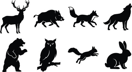 Obraz premium Wild Forest Animal Silhouette Collection Featuring Deer Boar Fox Wolf Bear Owl and Rabbit