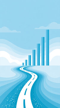 A winding road leads to rising blue bar graphs against a sky backdrop, symbolizing progress and growth in a stylized, abstract digital landscape.