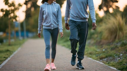 Obraz premium Two people walking together on a paved path through a park during sunset or sunrise with trees and grass around them