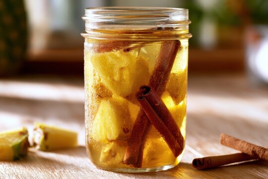 Homemade tropical beverage featuring pineapple slices and cinnamon on a wooden table