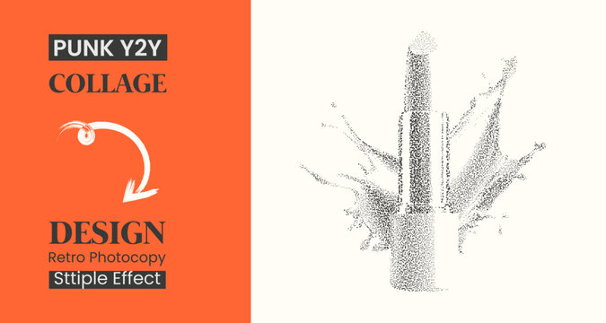 Stipple effect illustration of a lipstick with a liquid splash, created in a punk y2k collage style with a retro photocopy aesthetic