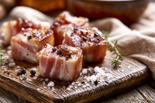 Homey breakfast display featuring bacon ends on a textured wooden surface