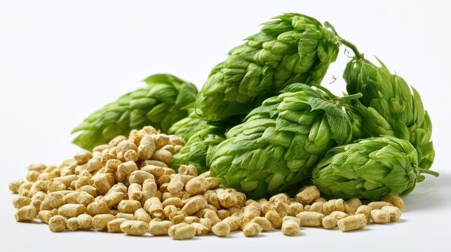 Hop Cones and Pellets on White Background for Beer Brewing Ingredients