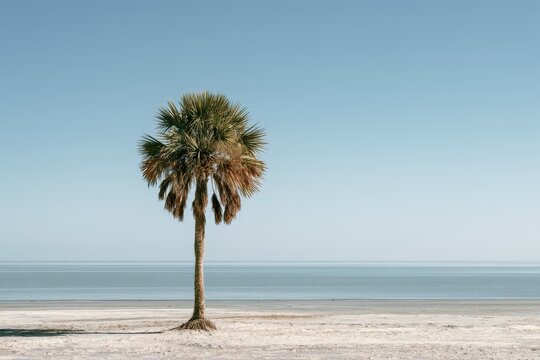 Horizontal shot of a lone palmetto tree along a coastal shoreline with wide right-side copy space