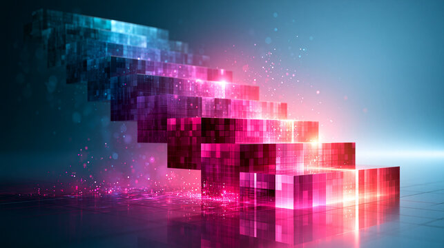 A vibrant digital staircase of glowing pink and blue cubes ascending in a futuristic, pixelated environment with sparkling light effects.