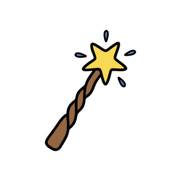Hand-drawn cartoon magic wand with a sparkling yellow star and twisted brown handle, isolated on a white background.