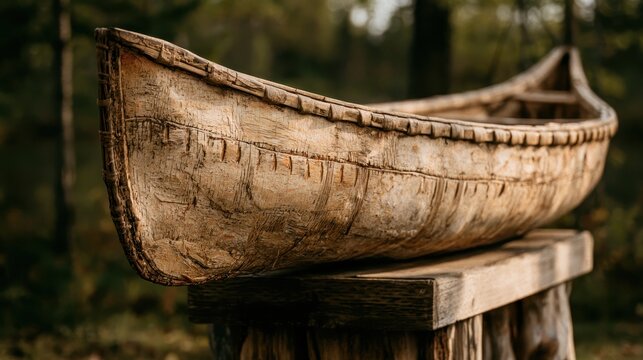 Indigenous heritage birch canoe on a raised pedestal with weathered bark and natural light