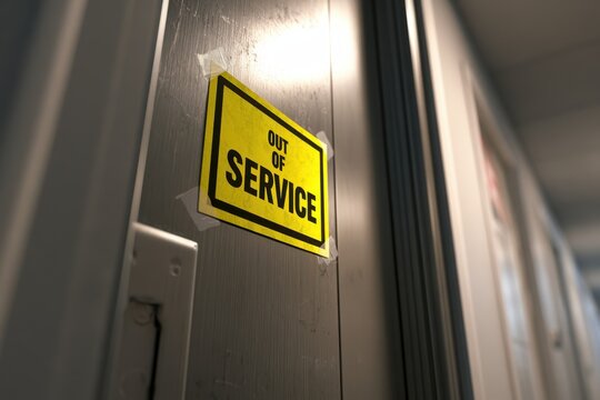 Industrial Elevator Door with Bright Yellow Notice in Quiet Corridor