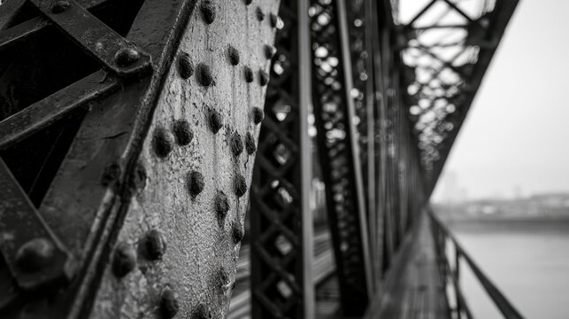 Industrial architectural detail: steel truss bridge in black and white, close view