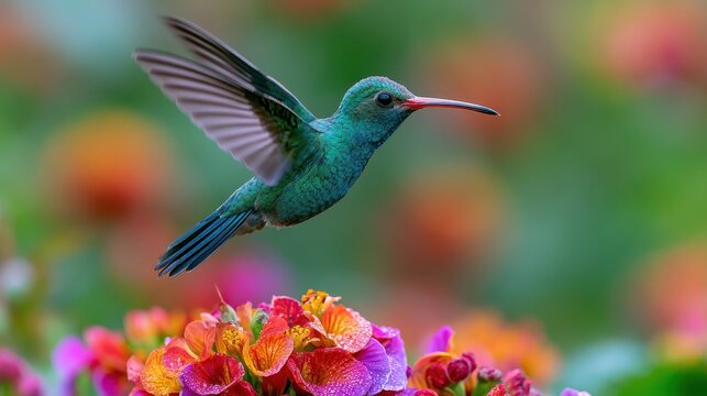 In-flight portrait of a Broad-billed Hummingbird above colorful garden blooms