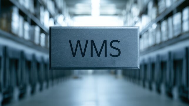 Inscription WMS on a Blurred Warehouse Background Signaling a Warehouse Management System
