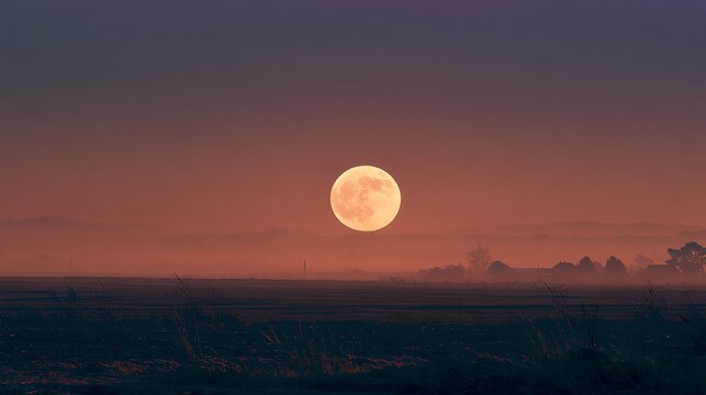Full Moon Rising Over a Misty Autumn Landscape at Dusk