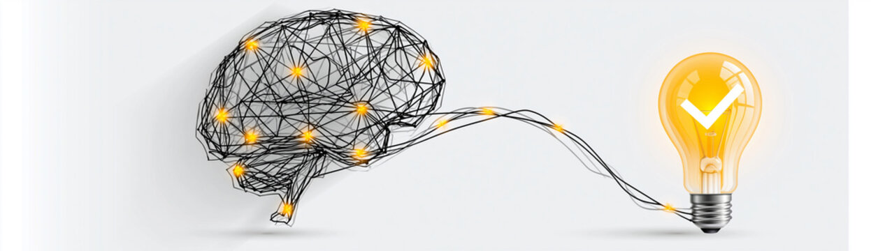 A digital brain made of interconnected lines lights up, connected by a wire to a glowing light bulb symbolizing ideas and innovation.