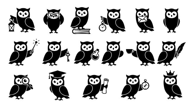 Wise Owl Icons Set: Education, Knowledge, Magic & Time Symbols
