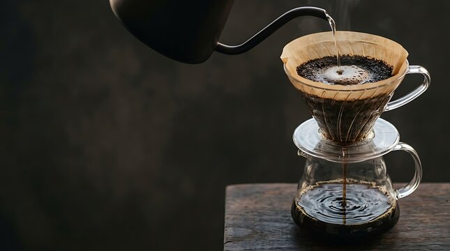 Manual pour over coffee brewing process on a rustic wooden table