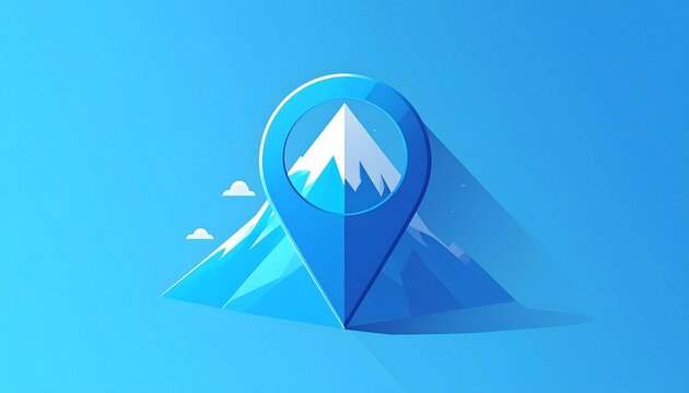 Blue location pin with mountain peak icon on gradient background.