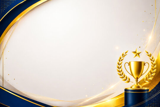 A luxurious award background featuring a golden trophy adorned with a laurel wreath and a star, positioned on a dark blue cylindrical pedestal in the bottom right corner