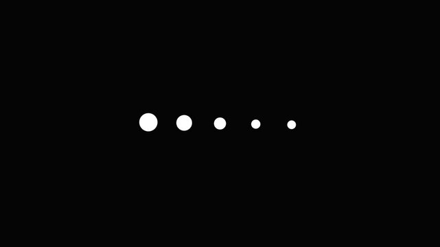 Minimalist loading animation, five white dots expanding and contracting against a black background, seamless loopable motion graphic element for technology and digital content