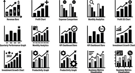 Fototapeta premium Set of black and white business bar chart vector icons