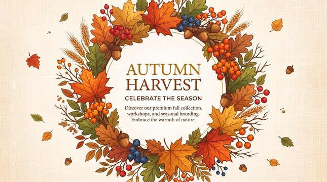 Autumn Harvest seasonal banner with decorative fall leaf wreath, rustic foliage border for celebrate the season greeting, warm nature illustration with maple leaves and berries for branding