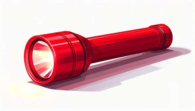 Bright red flashlight with illuminated beam on white background.