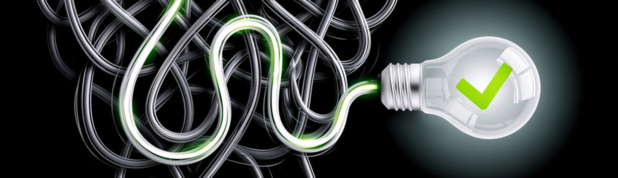 A complex maze of metallic pipes leads to a glowing light bulb with a green checkmark, symbolizing problem-solving and successful outcomes.