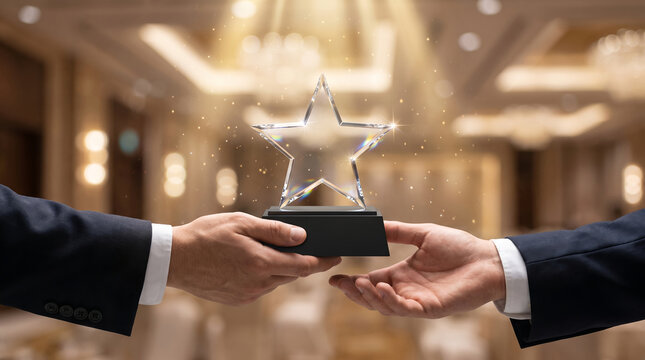 Businessmen hands, holding transparent star crystal award with glowing sparkles, giving prize to colleague, inside illuminated event venue, corporate photography