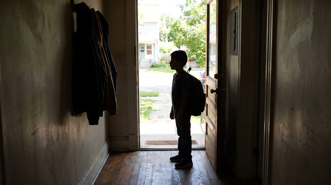 Boy student carrying backpack, dark silhouette against bright doorway, standing in house hallway, facing open front door, lifestyle photography
